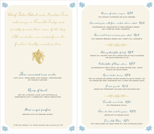 Bramble Lodge - menu